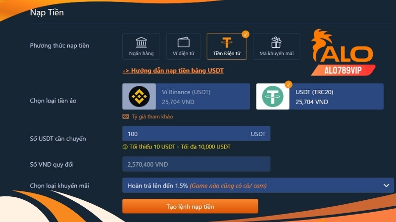 Top nhà cái nạp rút usdt uy tín - đáng trải nghiệm nhất năm 8 Các bước thực hiện nạp tiền usdt tại alo789